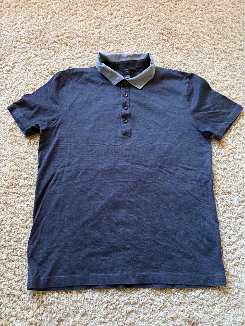 Hugo Boss contrast polo shirt navy blue distinctive light grey collar L LARGE